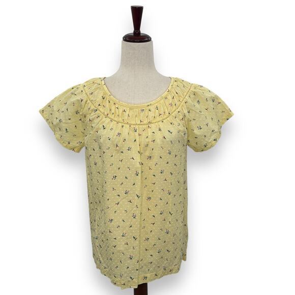 Ann Taylor Loft Light Yellow Ditsy Floral Top Size Small Cottage Fairy Swiss Dot - Picture 1 of 9